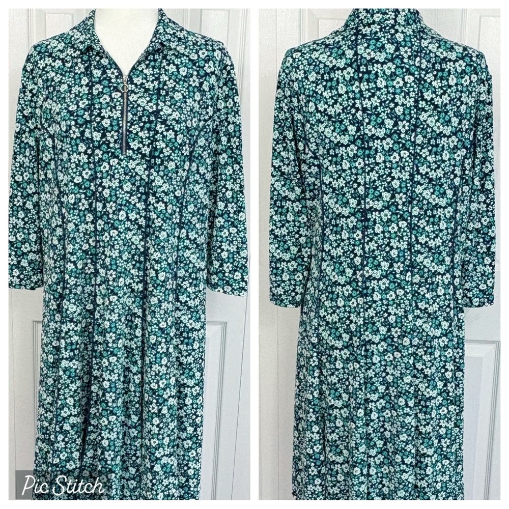 Sami & Jo Navy Blue Green Ditsy Floral Knit Zip 3/4 Sleeve A-Line Dress XL
